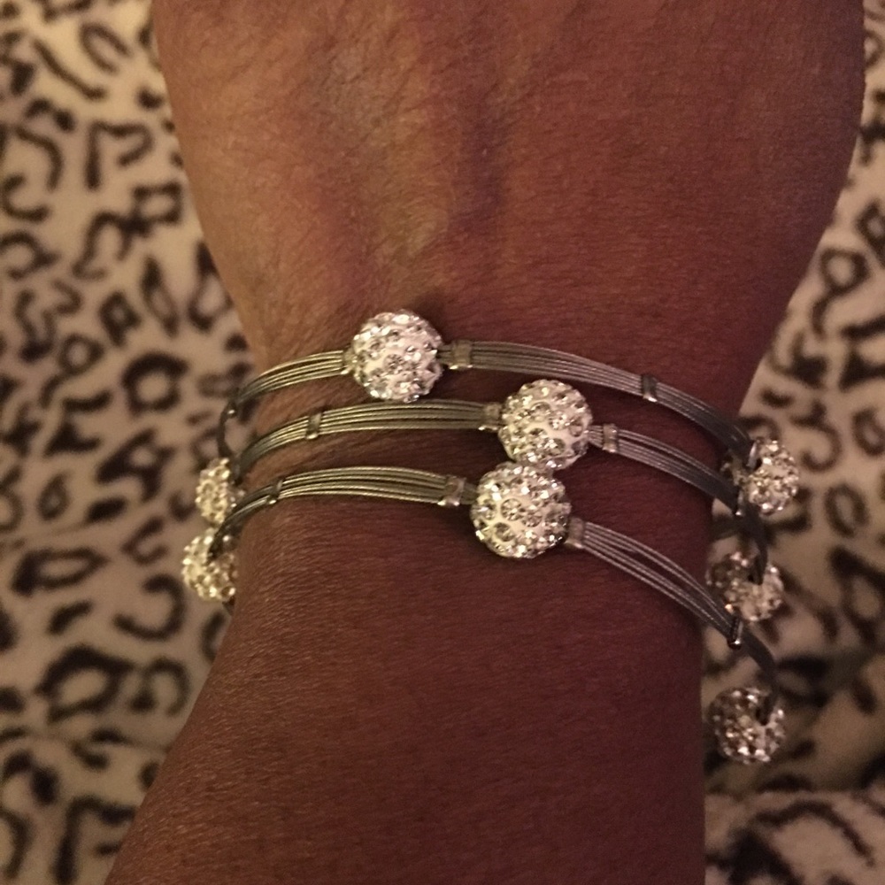 3 silver tone wire & crystal ball bead bracelets.